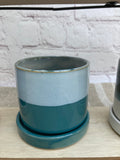 Ceramic Plant Pots with Saucer. In shades of greens and blues. SPECIAL OFFER NOW £5.50- 3 inch