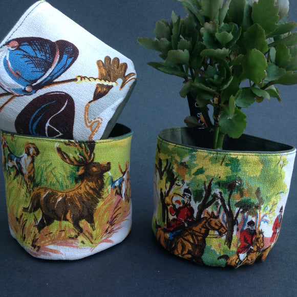 Plant Pot Cover. Handmade from French Vintage Fabric Depicting an Hunting Scene