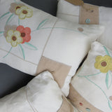 Handmade Vintage Cream Linen Cushion with Pastel Coloured Flower Applique
