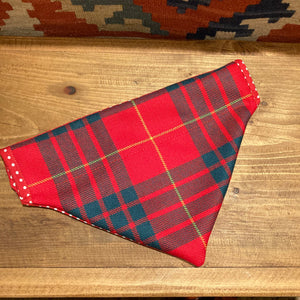Bright Red Tartan Dog Bandana - handmade from 100% wool tartan with red spotted cotton on reverse.